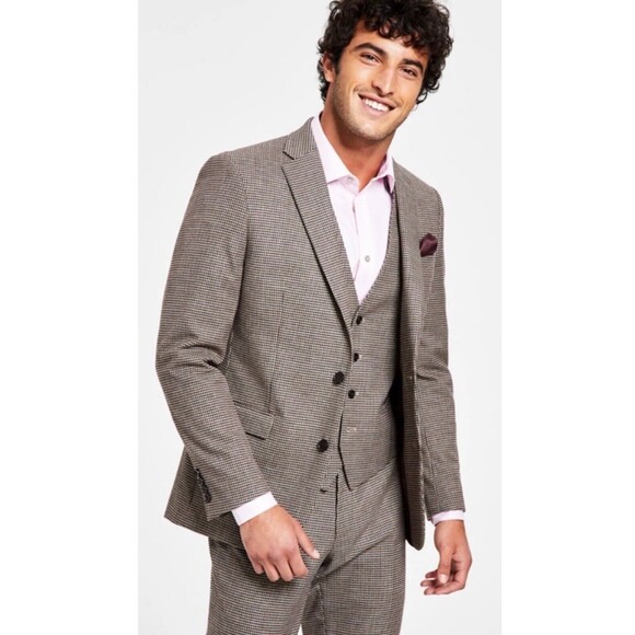 Bar III Men's Retro Skinny-Fit Brown Check Stretch 2pc Suit New 38S 34W - Picture 1 of 12